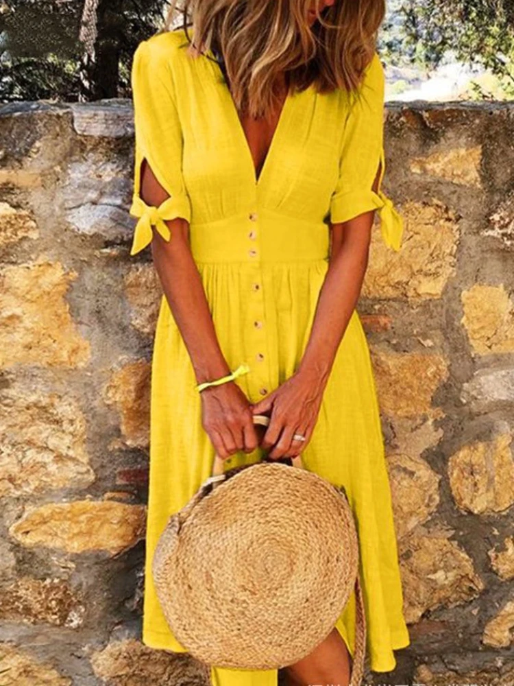 

Summer Dress V-neck Short Sleeve High Waist Button Solid Color Birthday Dress for Women Comfortable Leisure Loose Women Clothing