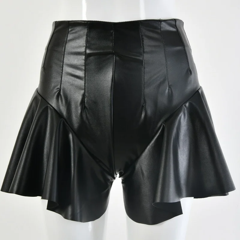 Sexy Autumn and Winter Women's High Waist PU Leather Shorts Ruffled Slim Fit Shorts Women Black Solid Color Stretch Shorts 2023