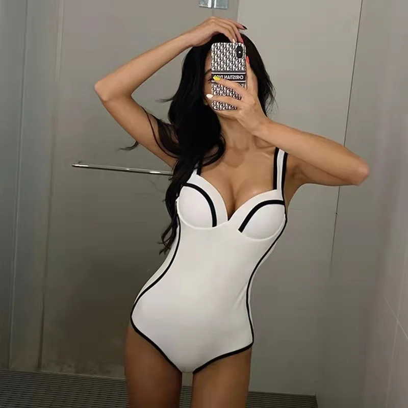 

New Sexy Female Swimsuit Vintage One Piece Ruffled Push Up black white Swimwear Women Simple Monokini Padded korea Bathing Suits