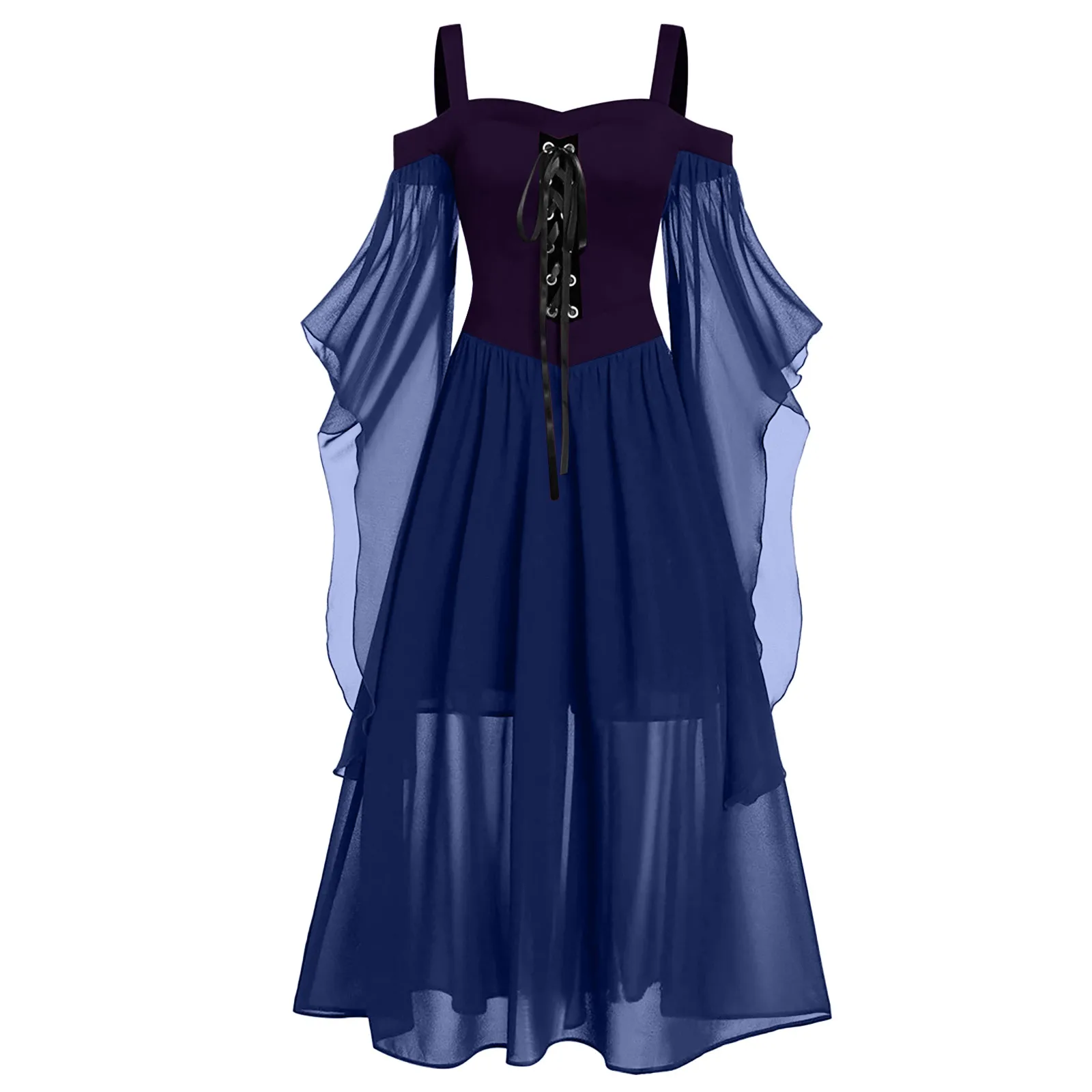 

Women Long Dress Cold Shoulder Butter Fly Sleeve Dress Lace Up Halloween Solid Color Splicing Brown Medieval Belt