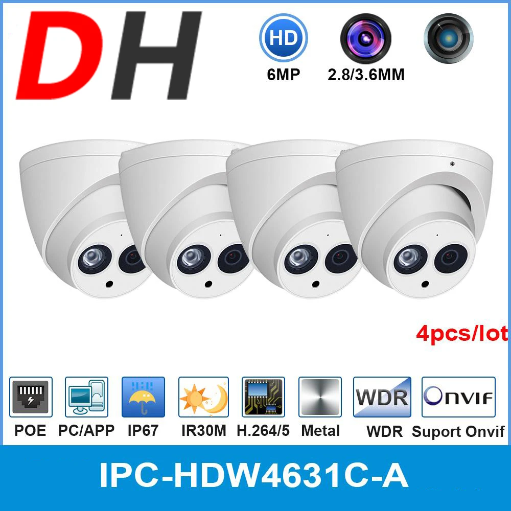

Сетевая IP-камера Dahua, оптовая продажа, Φ 6MP HD POE, металлический Встроенный микрофон CCTV 30M IR от IPC-HDW4631C-A 4 шт./лот