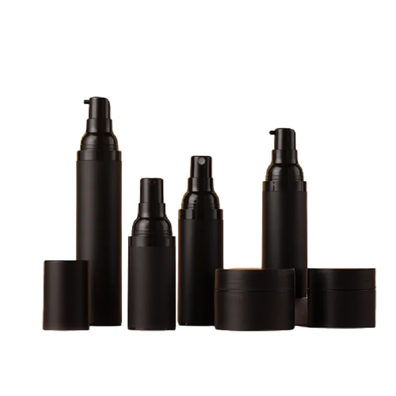 

20pcs Airless Lotion Bottle Empty Black Plastic Spray Mist Cosmetic Essence Emulsion Vacuum Refillable Bottle 15ml 30ml 50ml