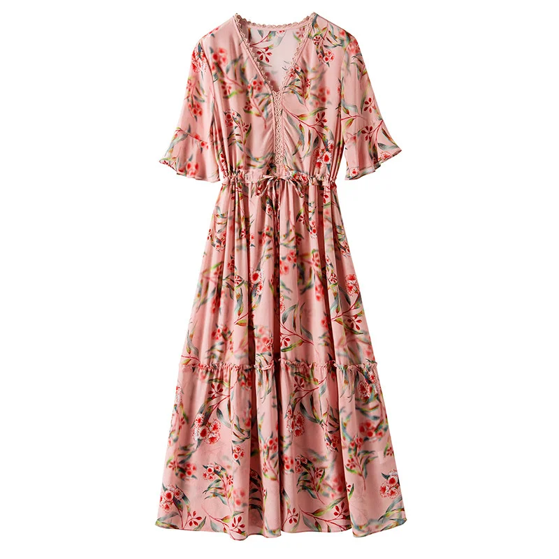 

100% Silk Summer Dresses for Women 2022 Long Floral Beach Dress Ladies Elegant Dress Female Vestido De Mujer Casual Gxy5