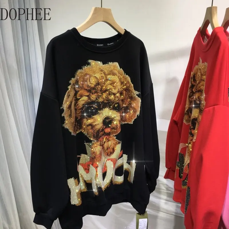 Luxury Hot Drilling Cute Puppy Women Sweatshirt New Autumn Winter Loose Long Sleeve Pullover Top Streetweare Mid-length Hoodie