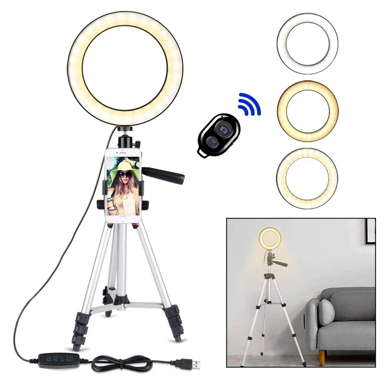 

10" Selfie Led Ring Lamp Light With 43 Inch Tripod Stand Holder Bluetooth Remote Photography Camera Dimmable for Phone Studio