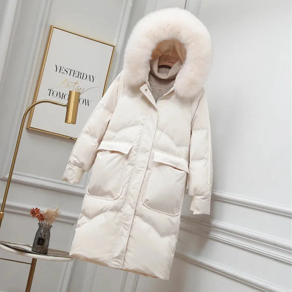 Female Down Jackets 2022 Winter New White Duck Down Large Size Long Hat Big Fur Collar Thickened High-Grade Warm Coats Women