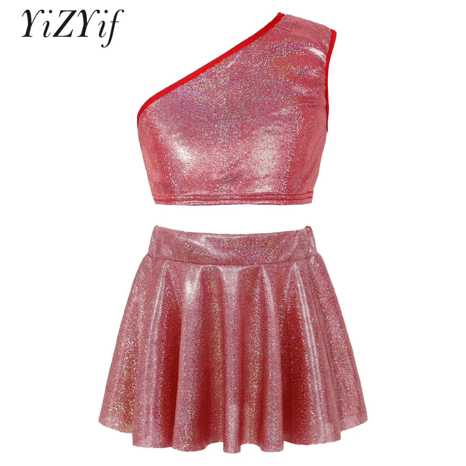 

Kids Girls Jazz Hip Hop Dance Costume Glittery Single Shoulder Crop Top with Elastic Waistband Skirt for Dance Party Performance