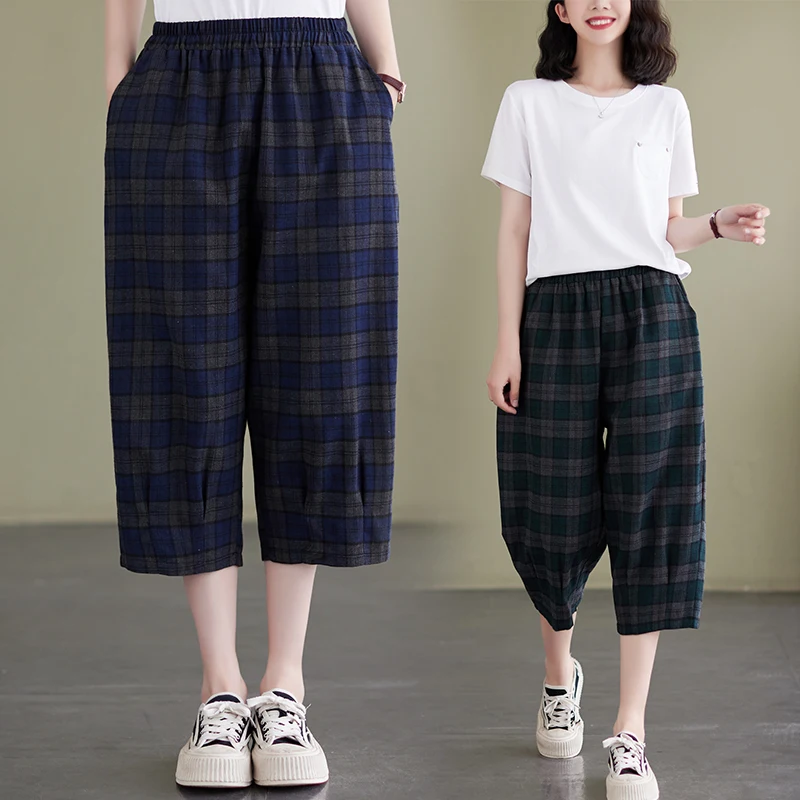 Женские клетчатые брюки до щиколотки повседневные свободные из хлопка и льна с
