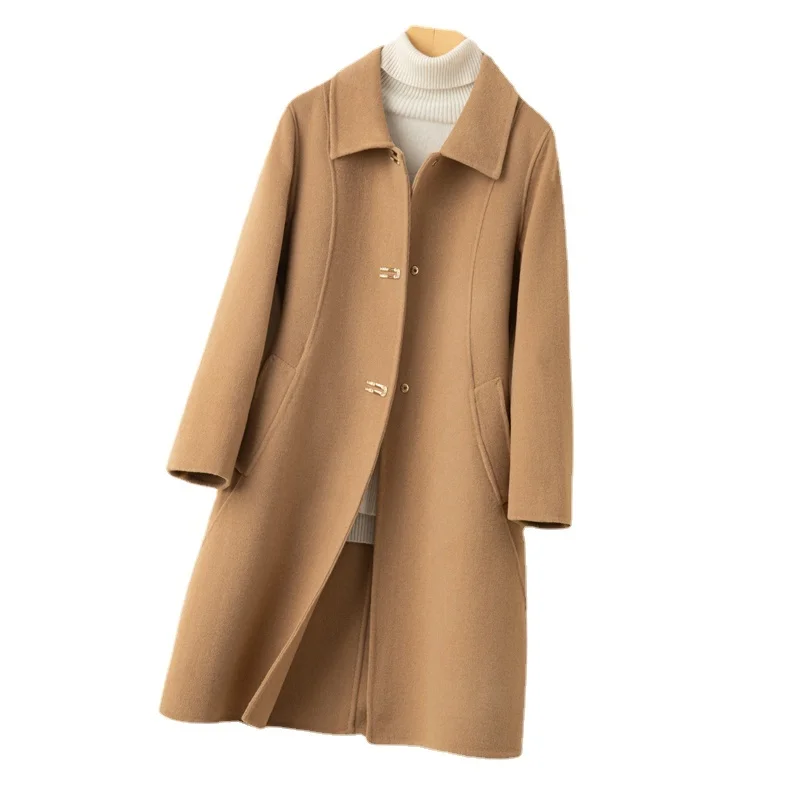 

Новое поступление женское двустороннее Модное Длинное осенне-зимнее высококачественное приталенное шерстяное пальто до колена в стиле Хепберн размеров S, M, L, XL