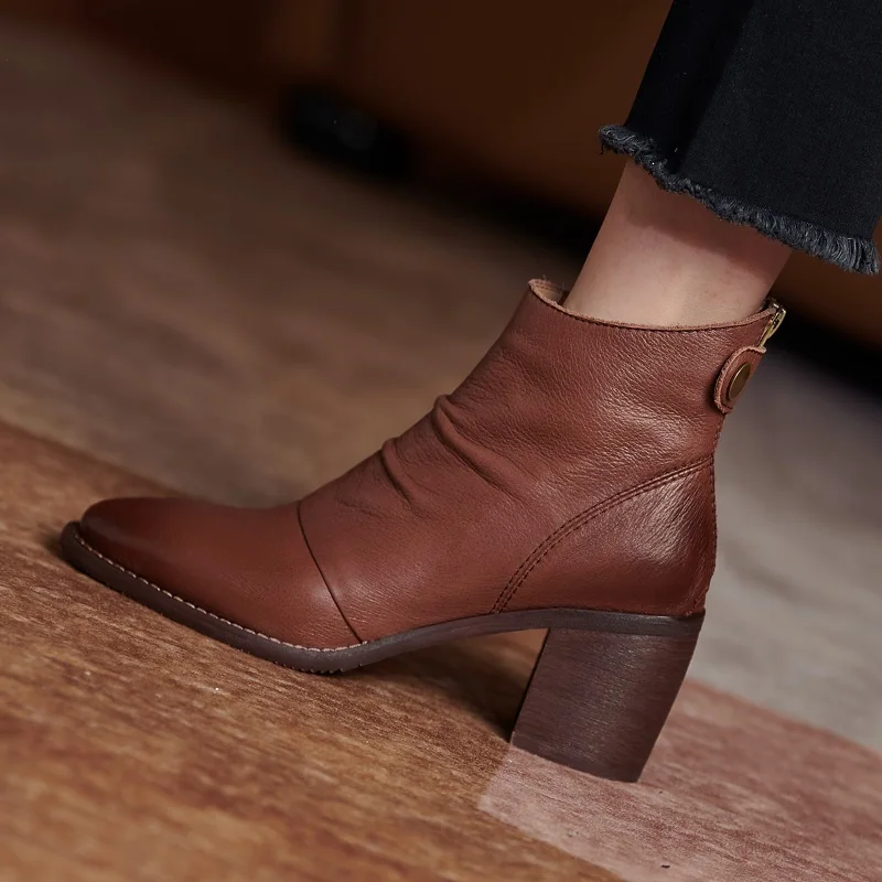 Women  Ankle Boots European Style Short Boots Cowhide Thick Heels Classic Pleated Shoes Woman Autumn Spring Ladies Daily Shoes
