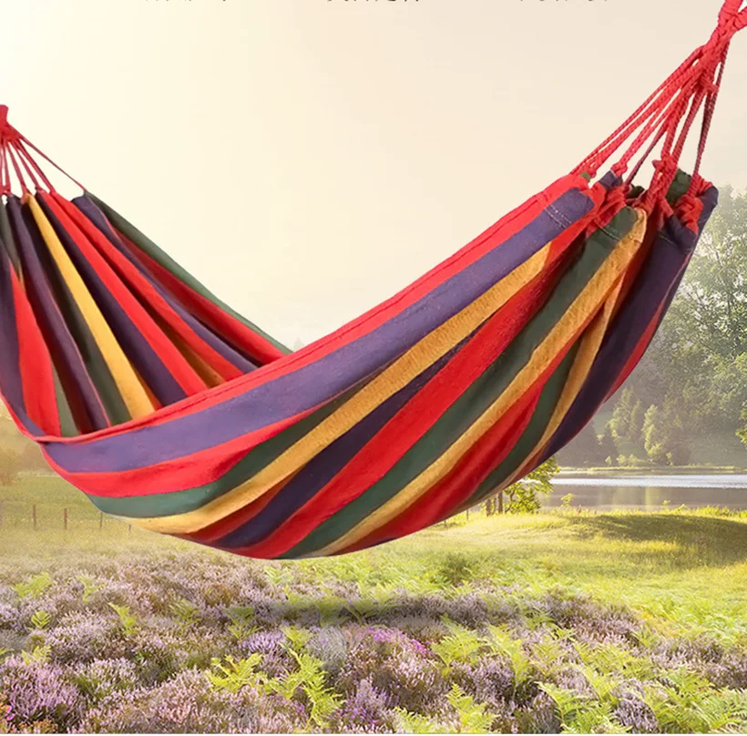 

Outdoor Hammock Portable Outdoor Swing Rainbow Striped Canvas Hammock Travel Bed Child Playing Swing Lifts Single and Double