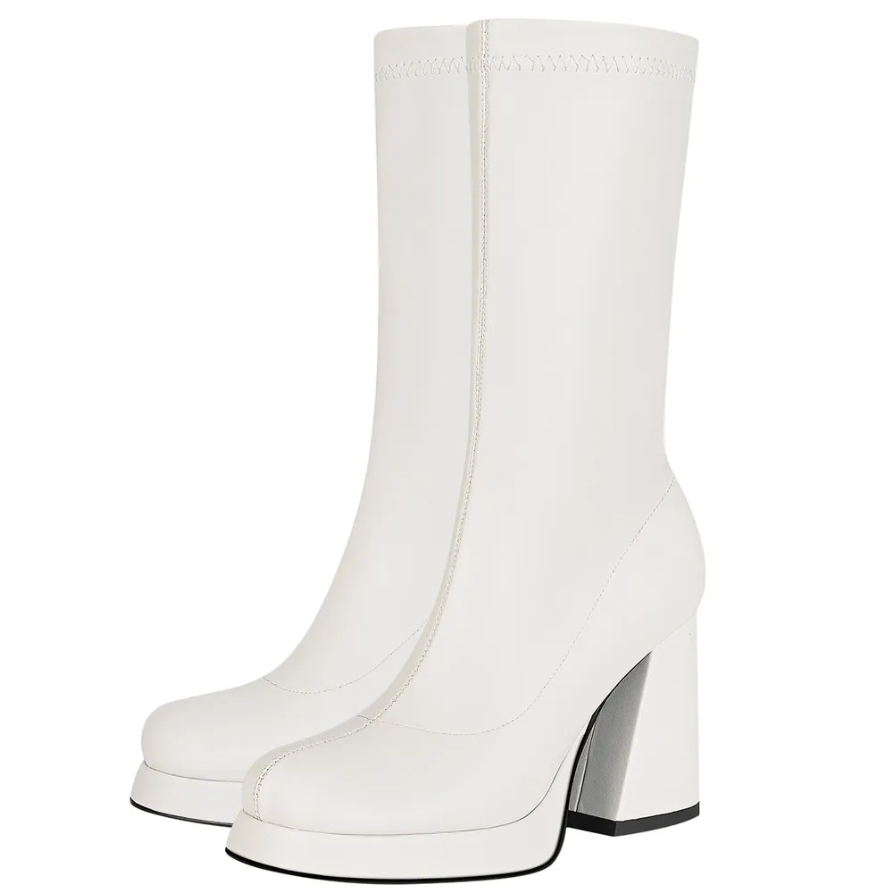 

Женские сапоги до середины икры, женские сапоги с круглым носком на толстой платформе и высоком каблуке, привлекательные женские сапоги без...