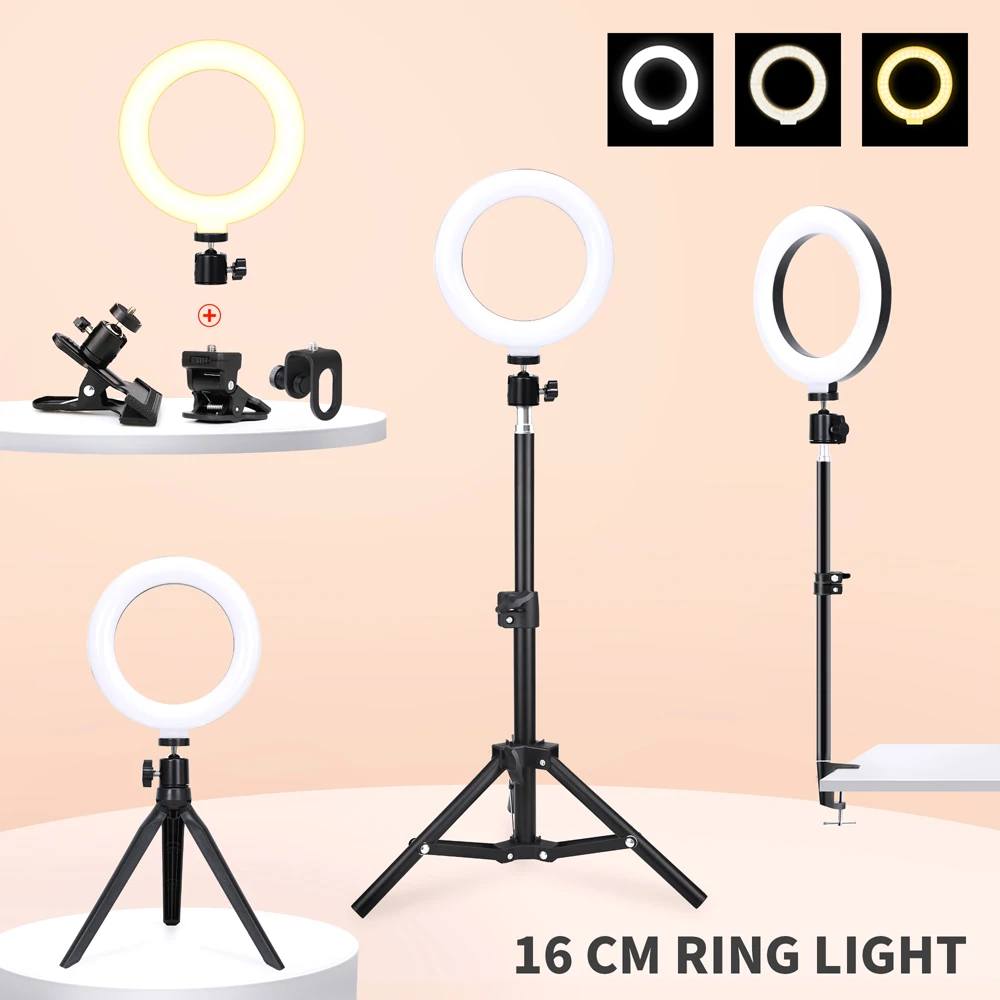 

6inch 16cm LED Selfie Ring Light With Tripod Stand Arm Holder Monopod USB Dimmable Photography Light For Photo Studio Fill Lamp