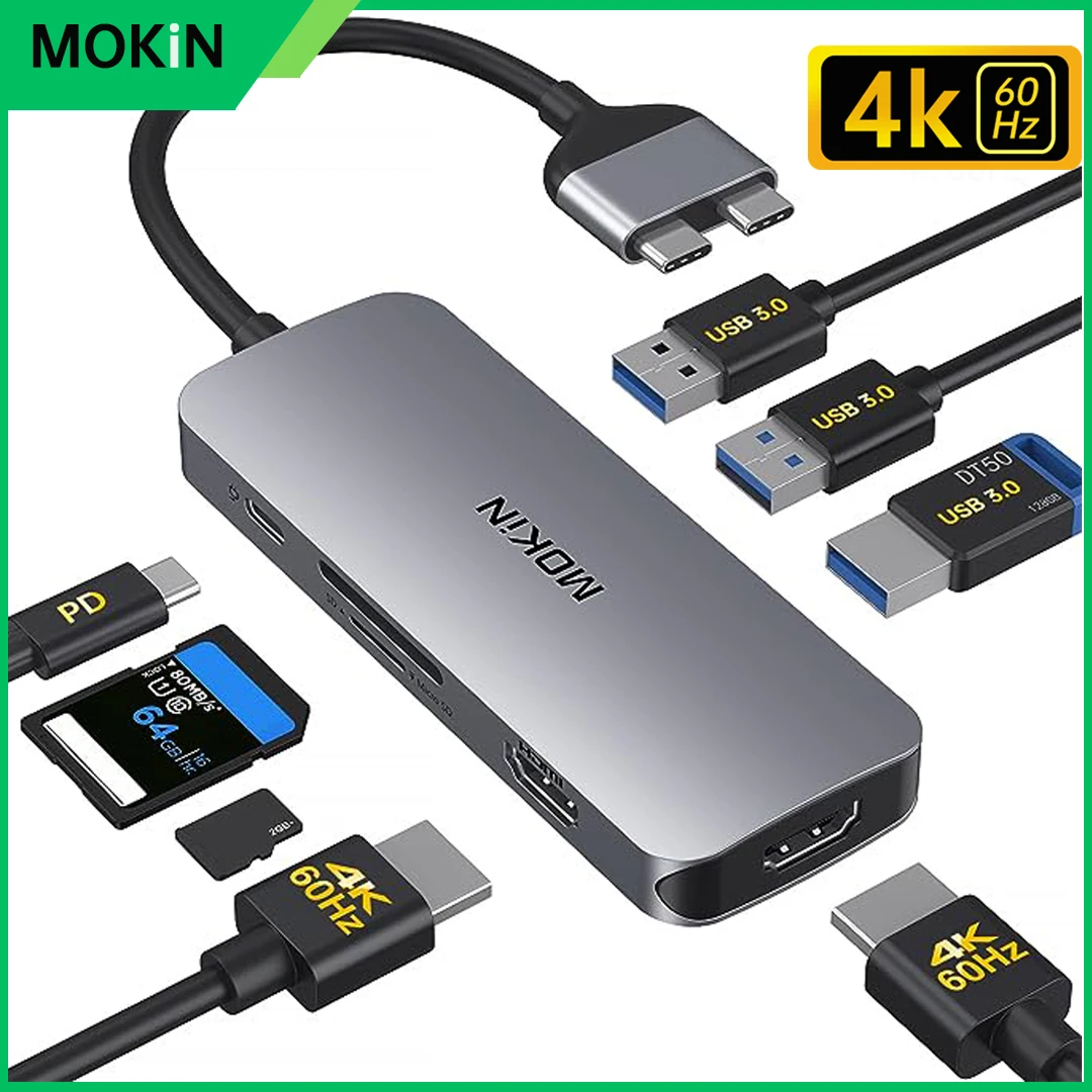 

MOKiN 8 in2 Type C HUB Docking Station Multi Splitter Adapter 4K 60HZ Dual USB C to 2 HDMI,3 USB3.0, PD 100W for MacBook Pro/Air
