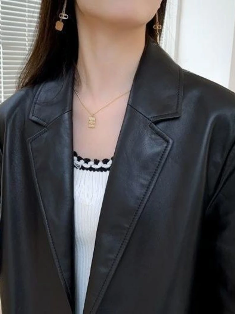 Suit Leather Jacket Women's Spring and Autumn New Casual Niche Pu Leather Premium Sense Black Suit Top Women Clothing Coat