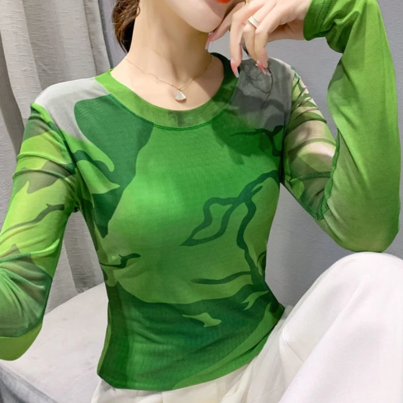 Женская футболка 2024 сетчатая облегающая Топ для женщин одежда с принтом