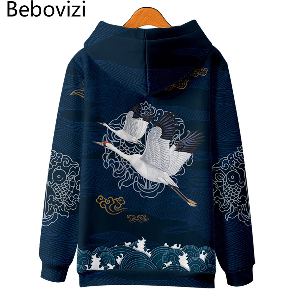 

arajuku Crane Print oodie Sweatsirt Autumn Japanese Casual Oversized ooded oodie ip op Pullover Women Men Clotin