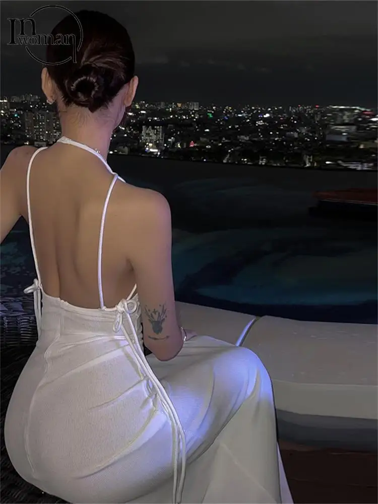 

Inwoman Summer Sexy Bandage Bodycon Maxi Dresses Club Outfit For Women 2023 White Halter Backless Party Long Dress Female