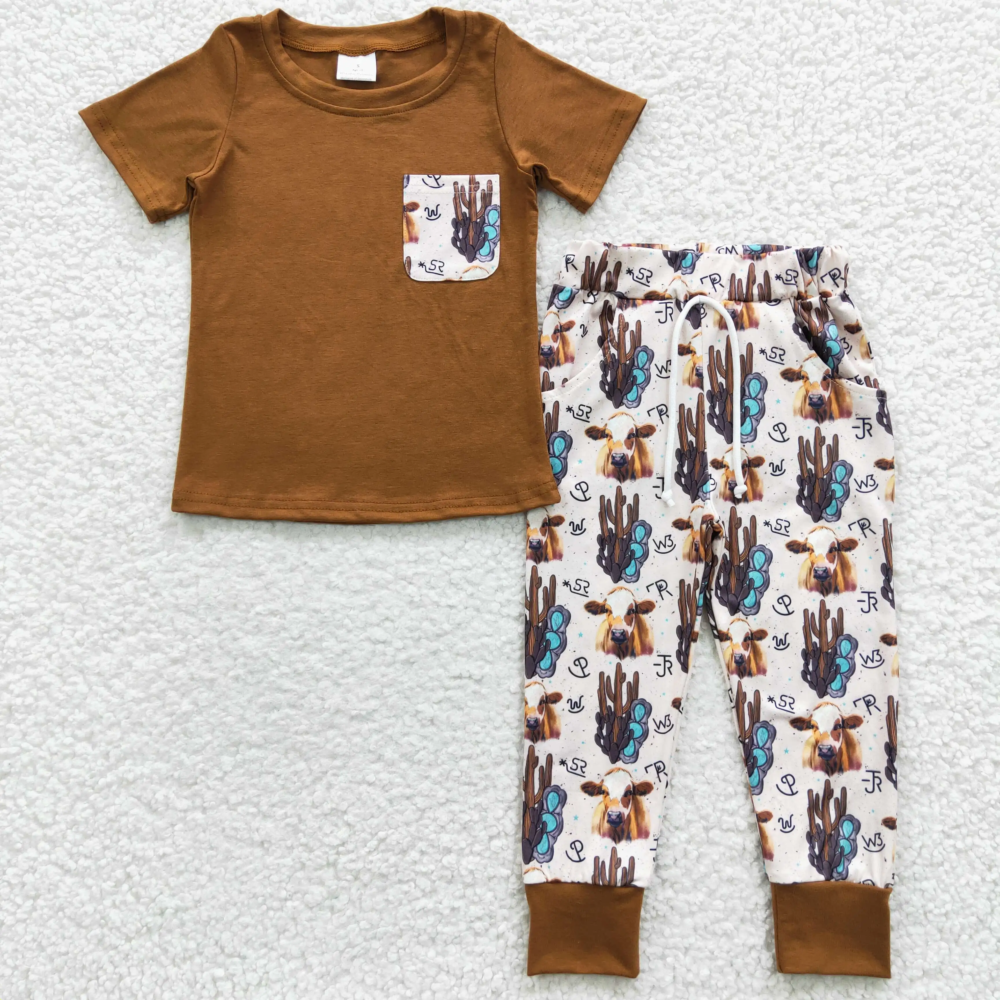

2​023 New Design RTS NO MOQ Baby Boys Clothing Children Brown 2PCS Set Toddler Kids Cow Print Outfits