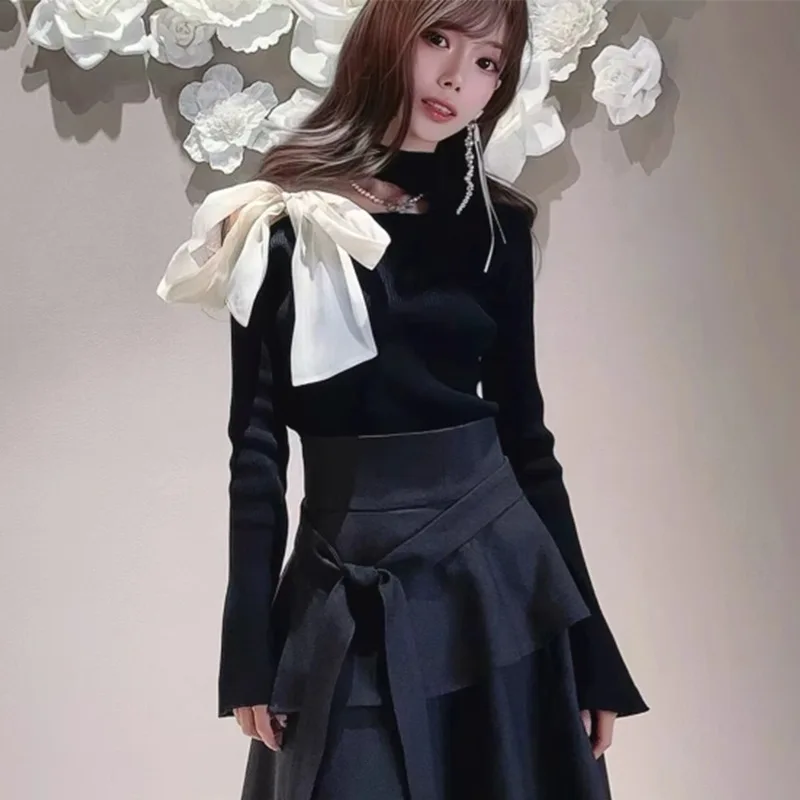 Осенние шикарные свитера в японском стиле с открытыми плечами и бантом на