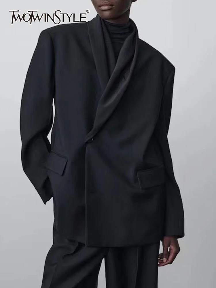 

TWOTWINSTYLE Casual Solid Blazers For Women V Neck Long Sleeve Spliced Pockets Minimalist Blazer Female Fashion Chic Style New