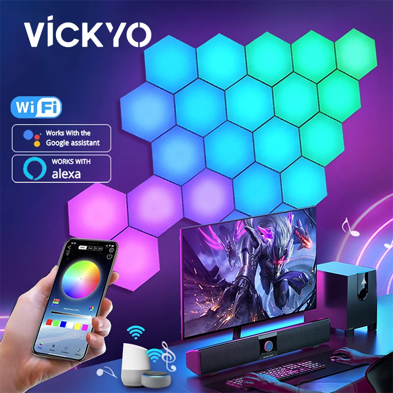 

Светодиодный шестигранный RGB-светильник VICKYO с Bluetooth, настенный комнатный светильник с дистанционным управлением через приложение, ночсветильник для компьютера, игровой комнаты, спальни, украшение