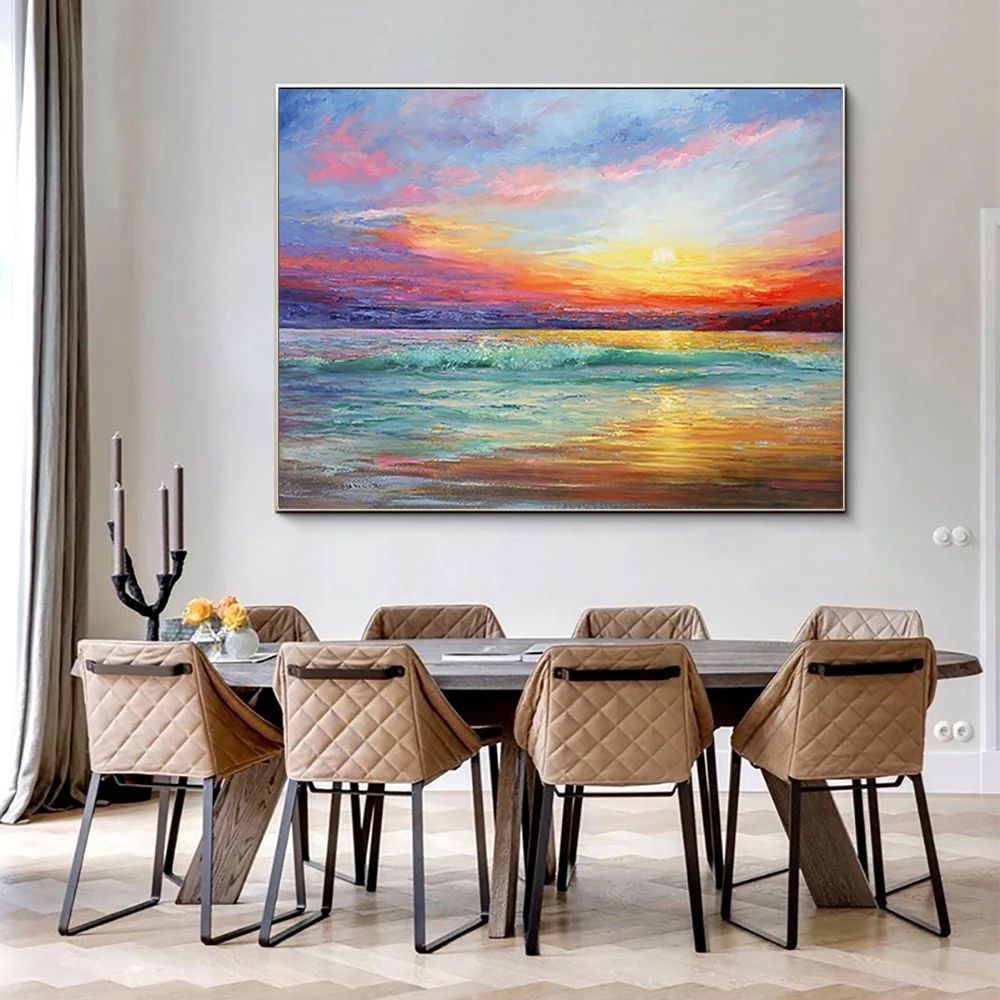 

Handmade Sea Decor Sunrise Oil Painting Custom Canvas Wall Decoration Painting Living Room Hanging Painting Handpainted Unframed