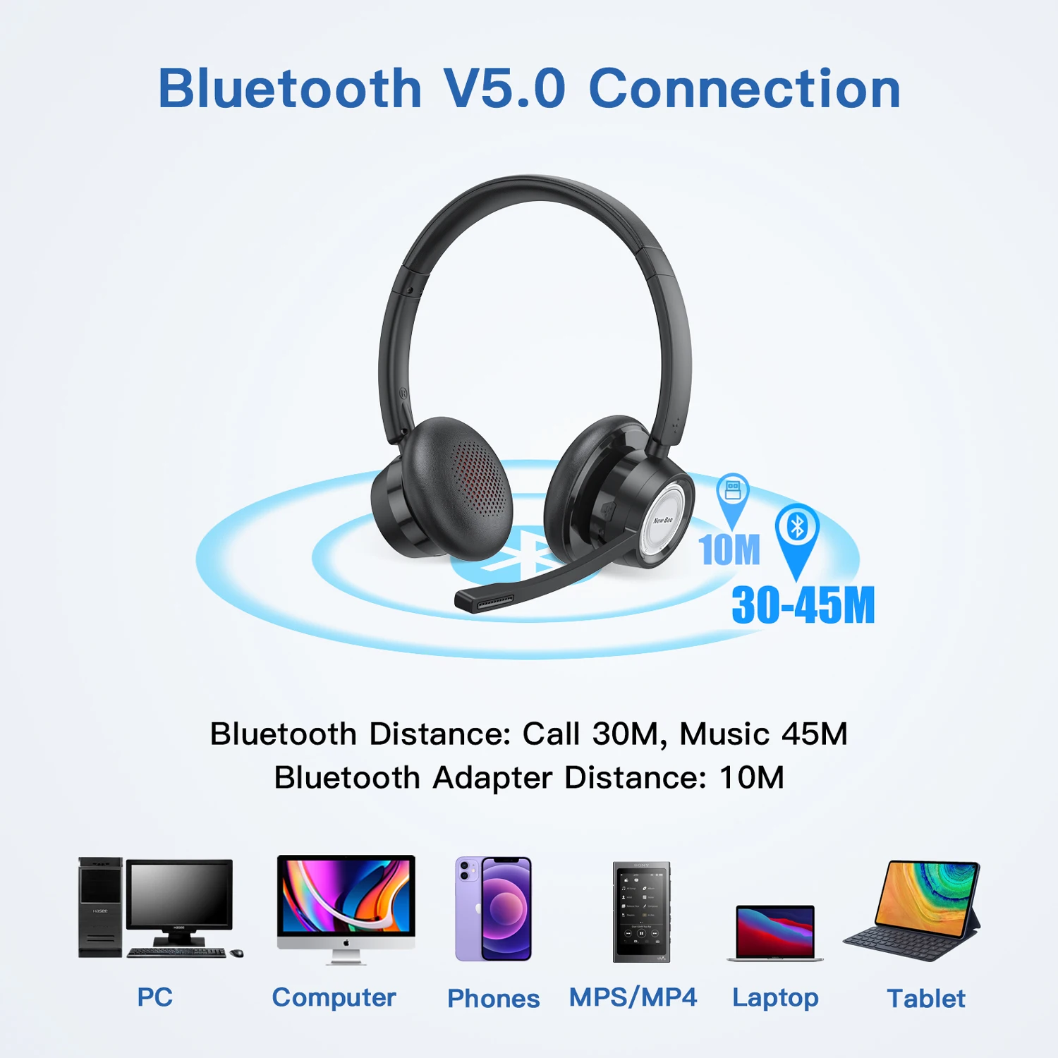 New Bee Bluetooth Headphones V5.0 BH58 Headset 25Hrs Playtime Wireless Headphone with Mic Foldable Lightweight Earphone - купить по