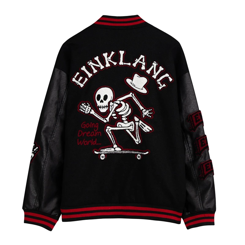 

High Street Retro Skull Towel Letter Embroidery Patchwork Casual Autumn Men's Jackets Sleeve Pu Leather Stand Loose Thick Coat