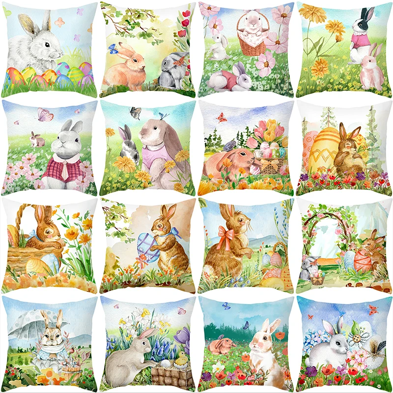 

45cm Easter Decoration Pillowcase Sofa Cushion Case Bed Pillow Cover Home Party Cushion Cover Watercolor Rabbit Throw Pillowcase