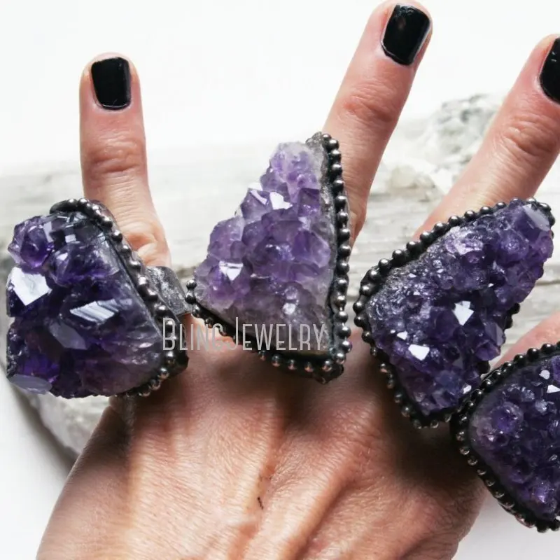 

RM43797 Amethyst Cluster Druzy Geode Stalactite Flower Big Crystal Adjustable Women Statement Ring Wicca Boho Hippy Goth Jewelry
