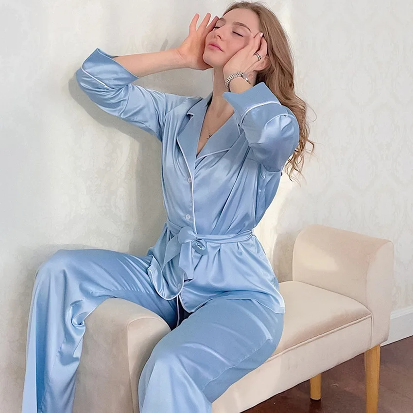 Designer Pajamas Female Women Two Pieces Pajamas Set Spring Autumn Winter Satin Soft Pyjamas Pijamas Sleepwear Set