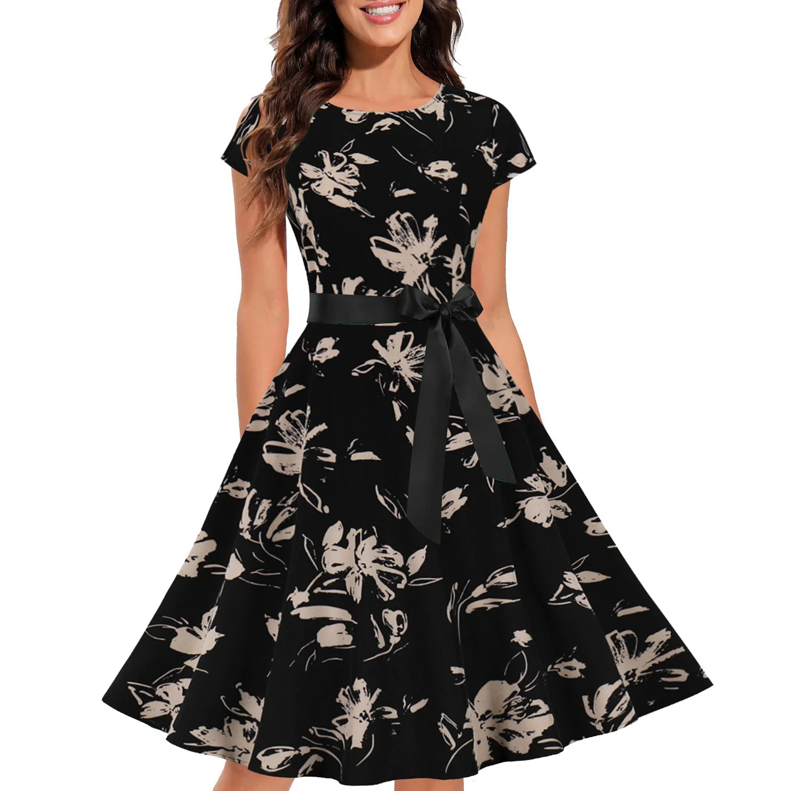 

Vintage Print Dress Short Sleeve Round Neck Waist A-Line Dress
