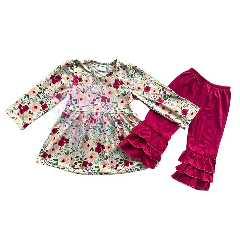 

Children's Clothing Boutique Round Neck Long Sleeve Bottom Skirt Print with Regular Petal Pants Cutout Set