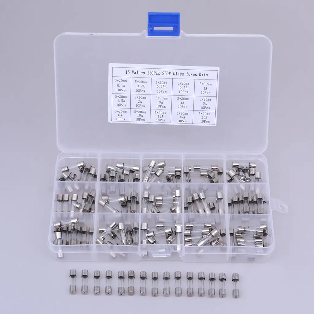 

150 Pcs 5x20mm Safety Glass Fuse Assorted Kit Amp Fuse 0.1A-20A