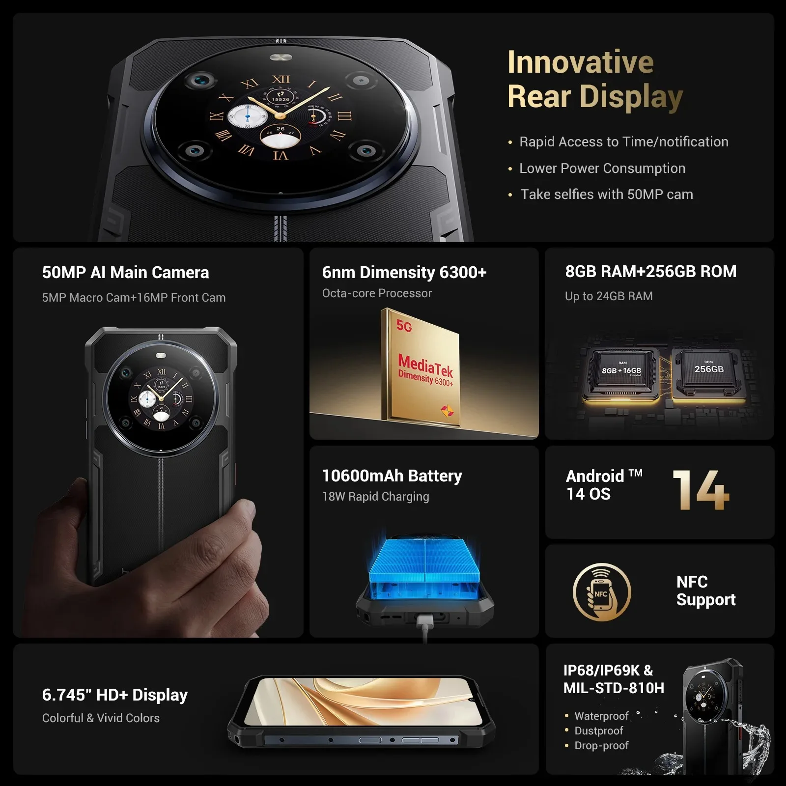 Прочный телефон FOSSIBOT F109 10600 мАч 6 745 дюйма HD + смартфон Android 14 24 ГБ 256 50 МП камера