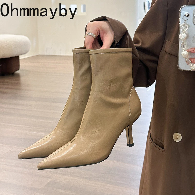 

Короткие плюшевые женские ботильоны, модные женские короткие ботинки с острым носком, элегантные женские туфли-лодочки на тонком высоком каблуке