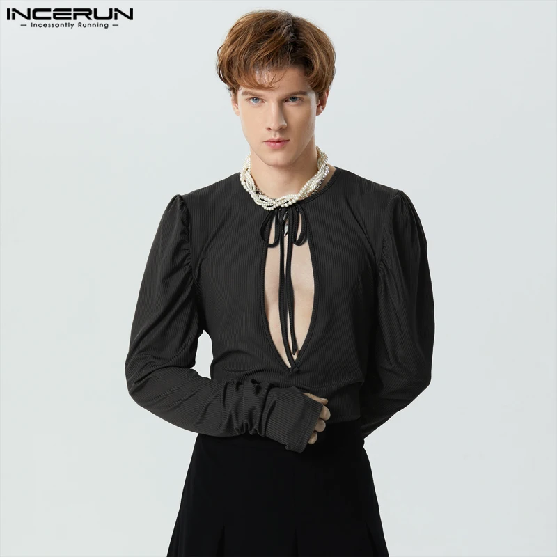 

INCERUN Men T Shirt Solid Color V Neck Puff Long Sleeve Lace Up Casual Men Clothing Streetwear 2023 Sexy Fashion Camisetas S-5XL