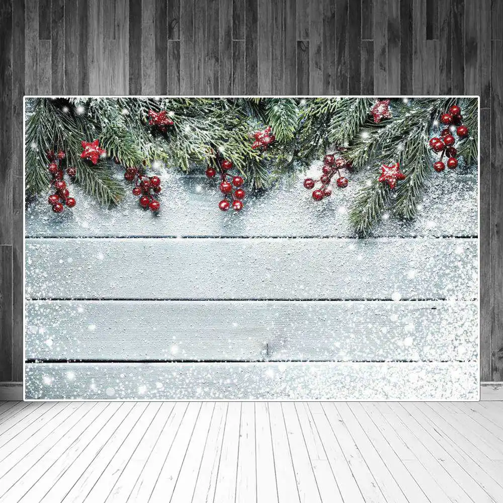 

Christmas Pine Holly Leaves Snowflake Wooden Planks Photography Backgrounds Custom Baby Party Decoration Photo Booth Backdrops