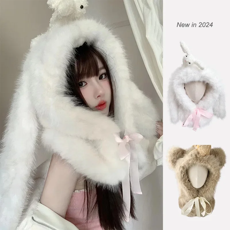 

Высококачественные плюшевые женские шапки из лисьего меха с длинными кроличьими ушками Y2k шарф интегрированная защита ушей теплая Женская шапка-бомбер