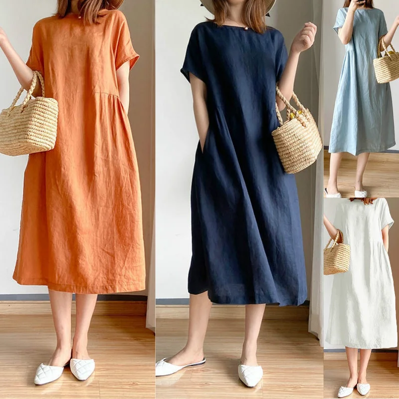 

Summer Plus Size Simple Literature Fan Loose Fit Dress Women Midi Skirt