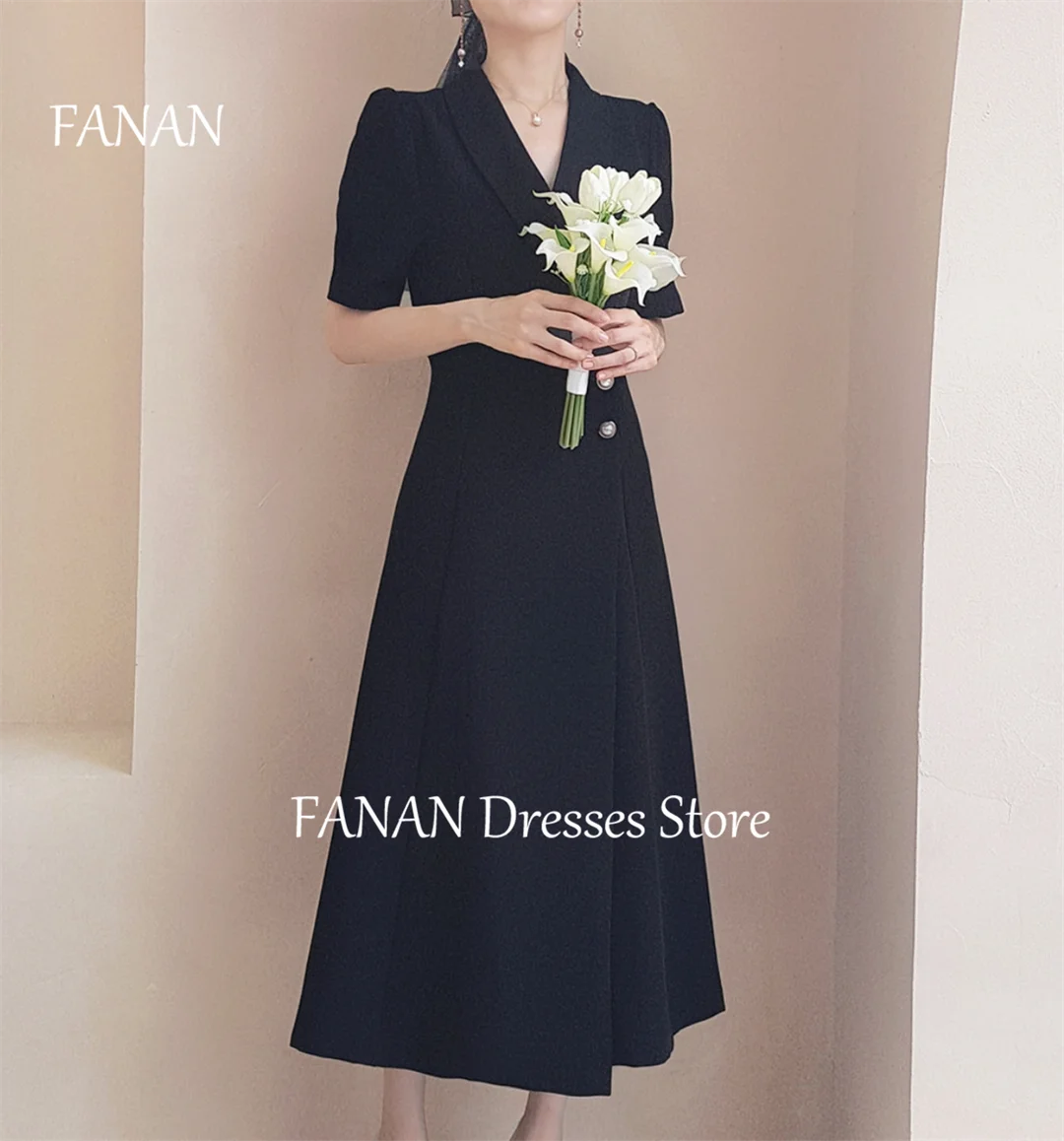 Фото FANAN с v-образным вырезом и короткими рукавами, простые вечерние платья, винтажные корейские черные свадебные женские платья, платья для выпускного вечера по индивидуальному заказу №3