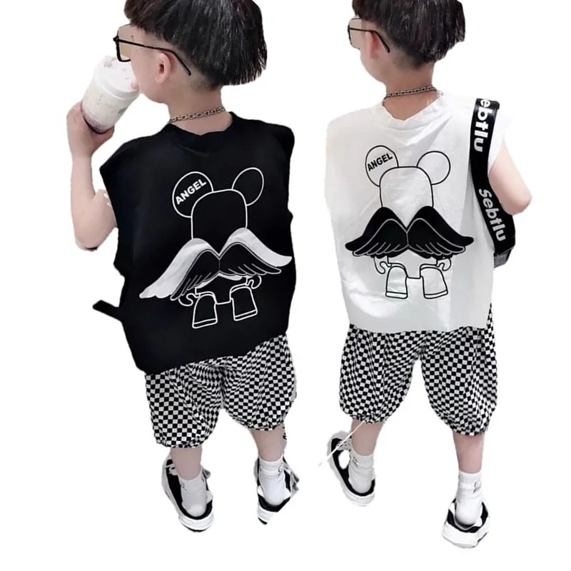 

2-9Y Baby Boy Vest suit New 2022 Kids Fashion Summer Clothes Tank top T-shirt + Plaid shorts Two piece set Winged Cropped pants