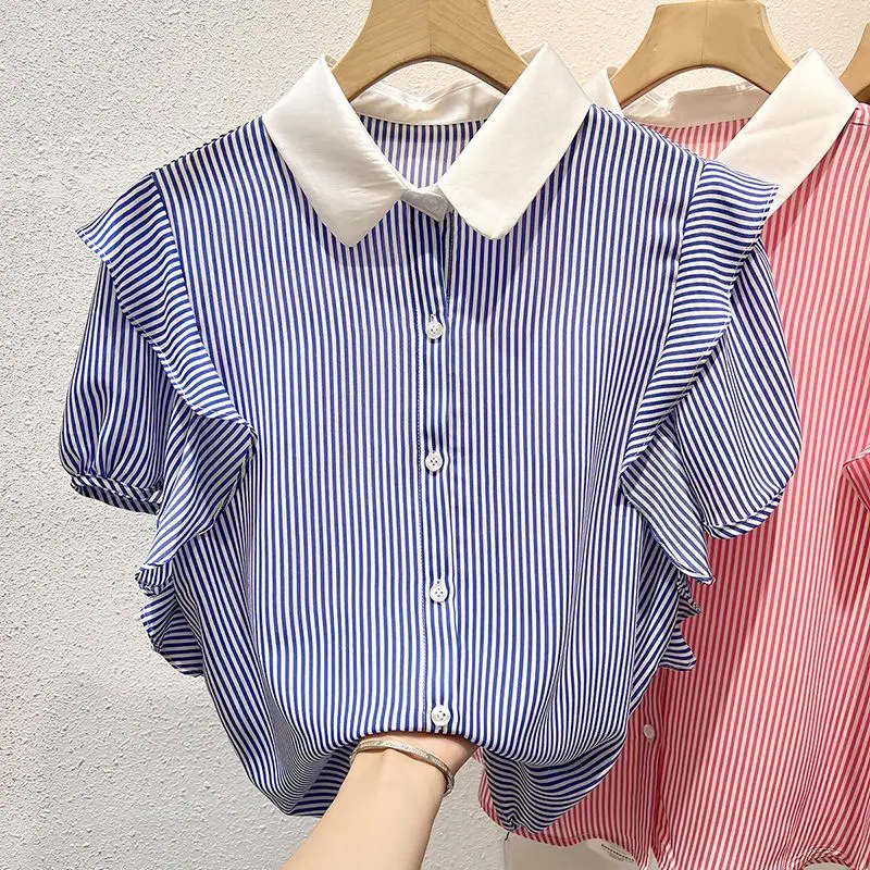 Корейская полосатая Свободная блузка летняя новая тонкая шифоновая рубашка с
