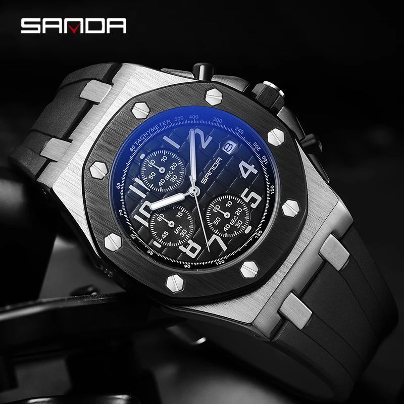 Часы мужские кварцевые с таймером и календарем тремя глазами шестью иглами