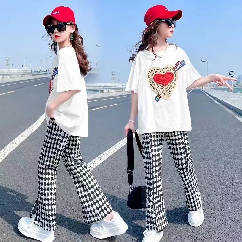 

2022 Kids Girls summer Sets loose short heart T-shirts + checked Plaid Wide Leg Pants Child Clothing Teenager 7 8 10 12 Years