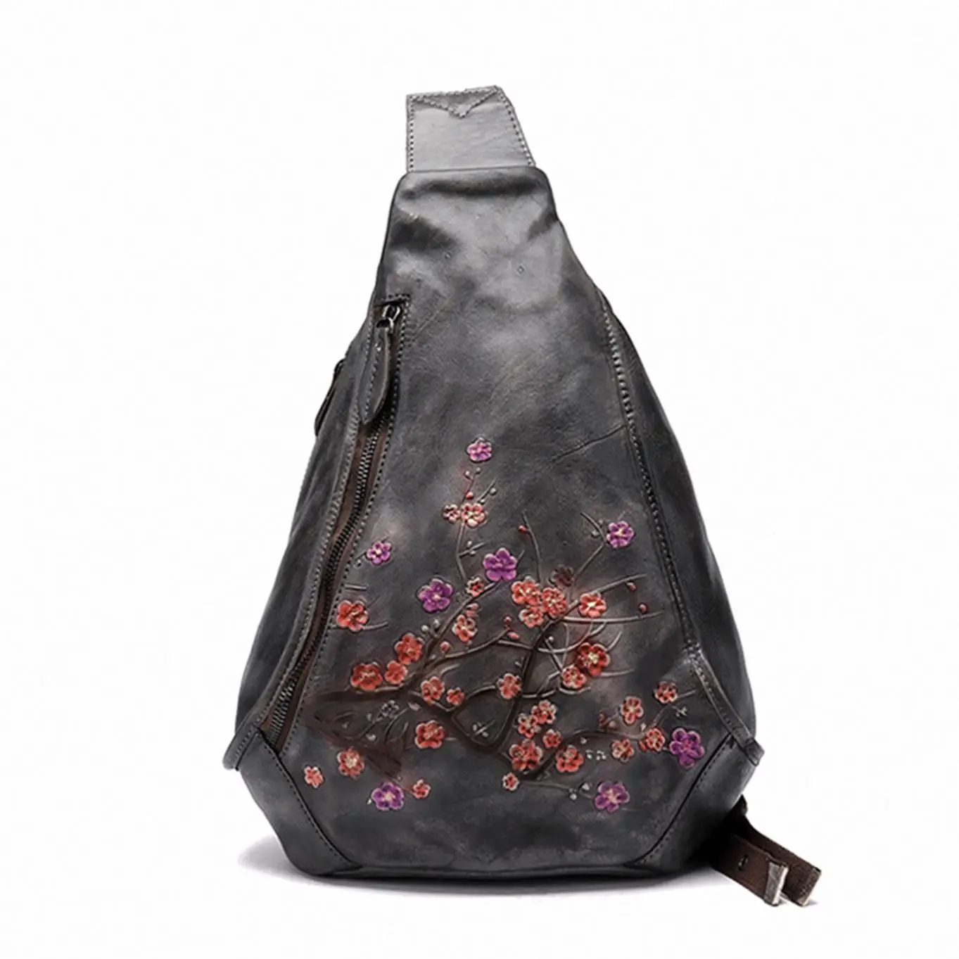 Fashion Women Retro Cowhide Chest Bag Vintage Genuine Leather Crossbody Bags Embossed Floral Sling Bag Good Quality Leather Bag