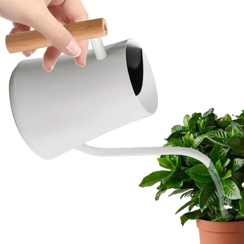 

1L Vintage Metal Long Spout Watering Can with Wooden Handle Gooseneck Small Watering Can Spill-resistant for Potted Plants White