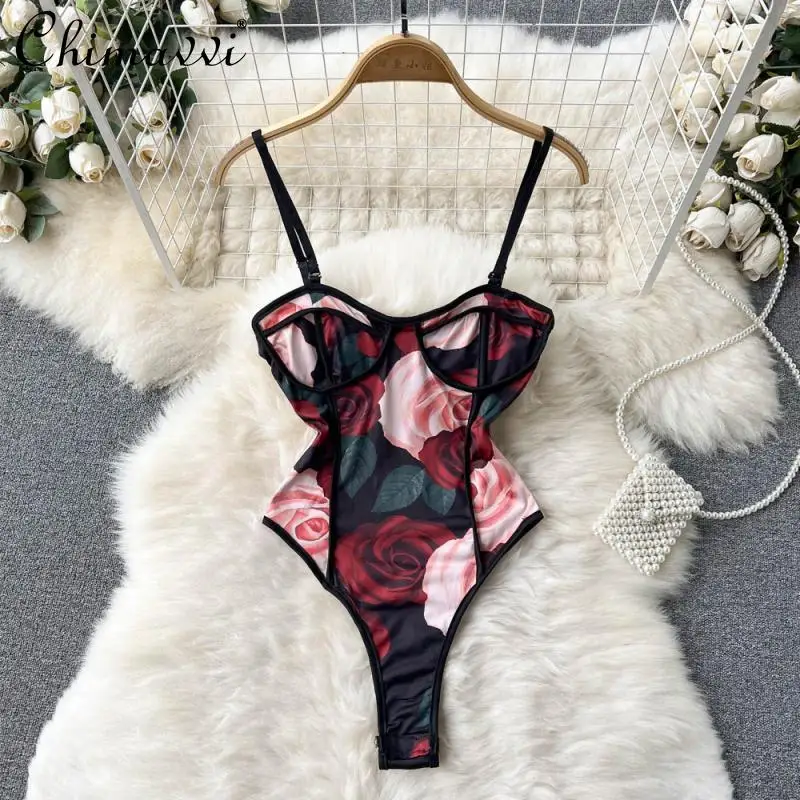

2022 Spring Clothes New Fashion All-Match Flower Print Bottoming Skinny Jumpsuit for Women Slim Temperament Sexy Rompers