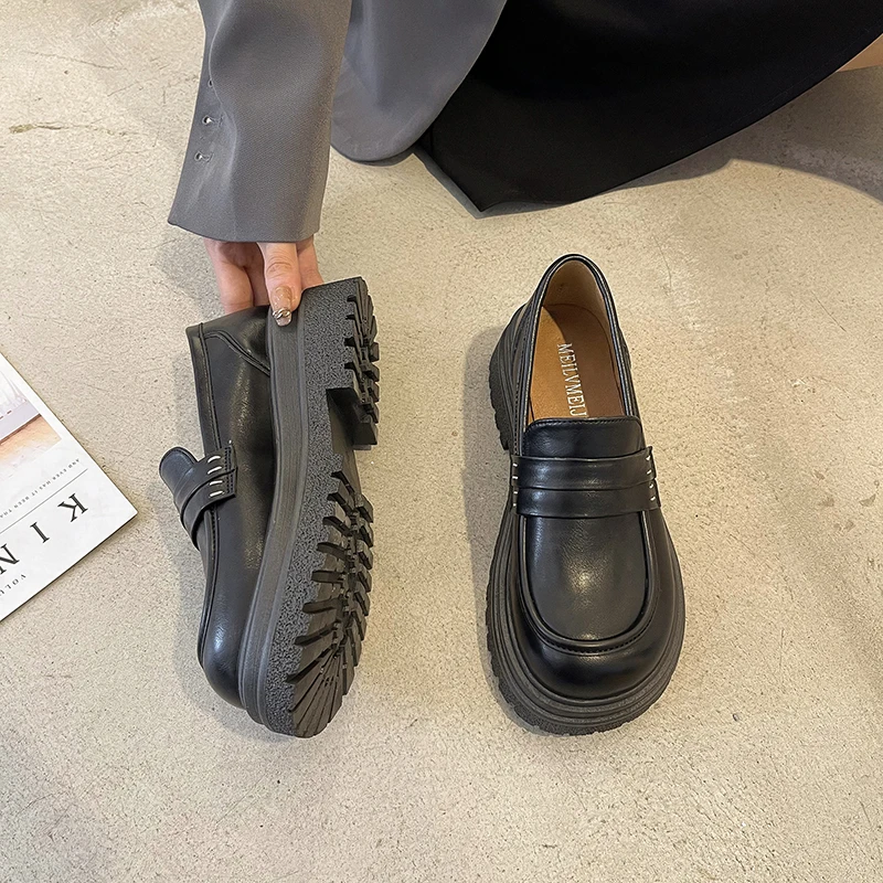 

2022 New Fashion Genuine Pu Loafers Women's Shoes Patent Leather Thick-Soled Thick Heel Single Shoes Round Toe Oxford Shoes Wild